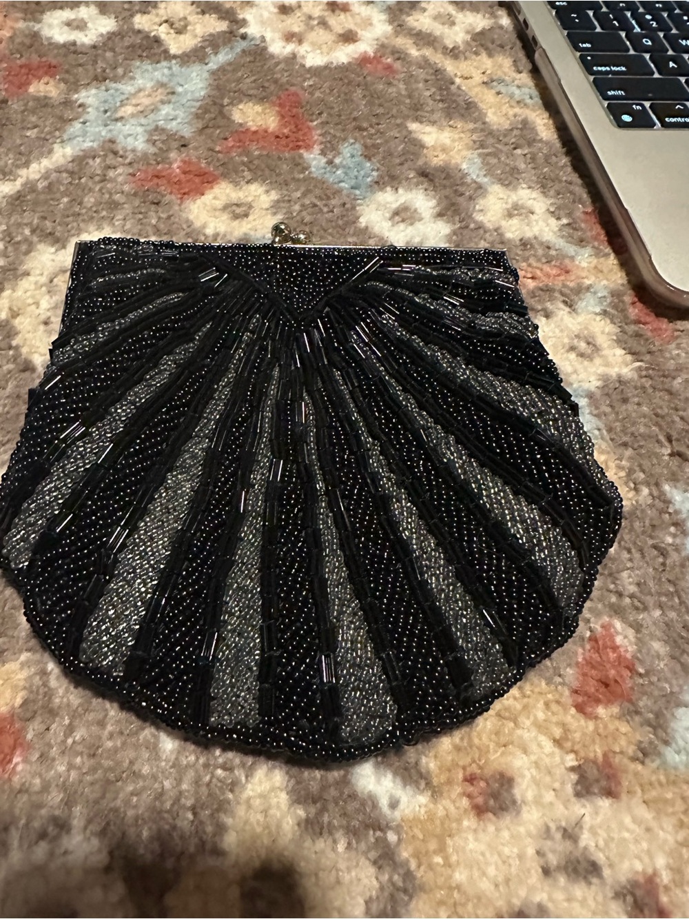 🖤 Black Beaded Shell Clutch Evening Bag Retro Glam Purse - Picture 6 of 12